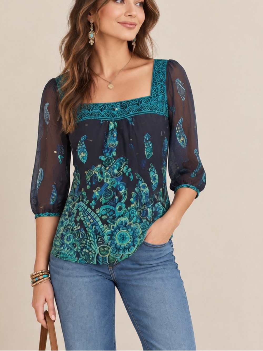Tibi Silk top boho paisley floral blouse green black 3/4 sleeves size Small 4